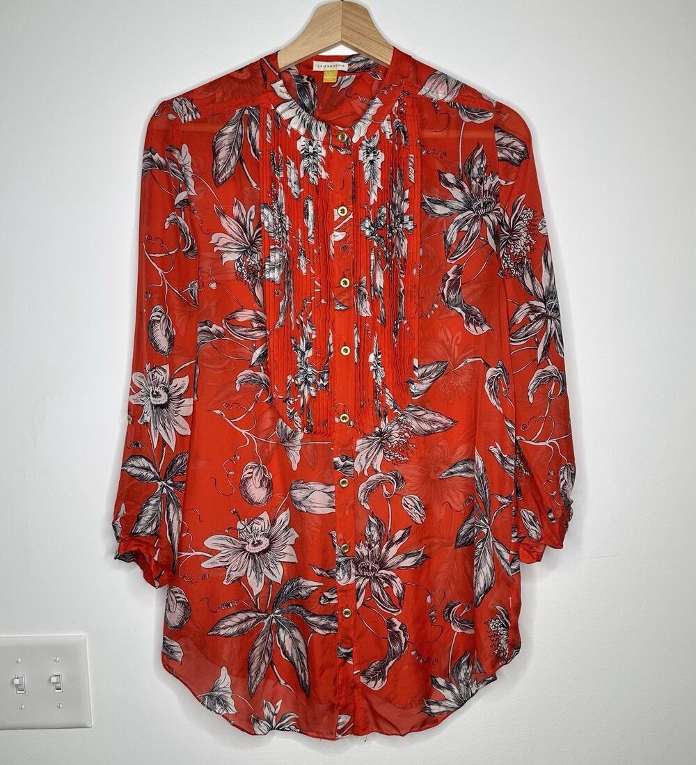 Leifsdottir Women Tab Sleeve 100% Silk Blouse Shirt Top Size 4 Floral Red